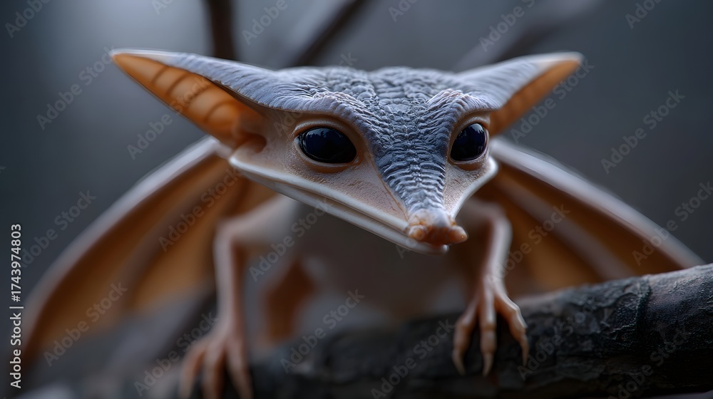 Naklejka premium Detailed close-up shot of a small, orange and gray lizard-like reptile perching on a wooden branch, with its large expressive eyes and intricate textured skin visible.