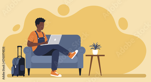 Man on sofa uses laptop suitcase nearby Remote work travel digital nomad lifestyle