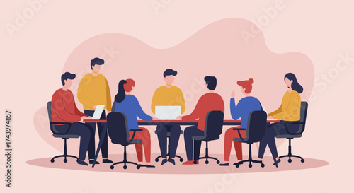 Diverse team collaborating in a business meeting with laptops Professional teamwork illustration