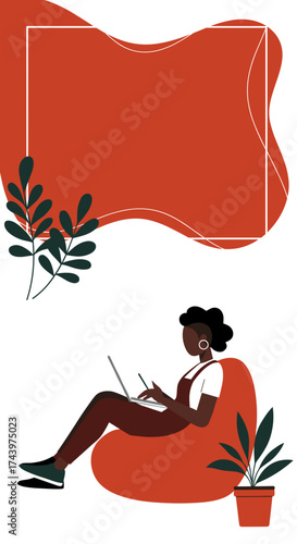 Woman working on laptop on a bean bag at home Remote work cozy lifestyle online tasks