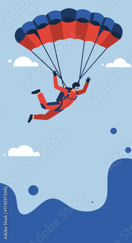 Skydiver with open parachute against blue sky symbolizing freedom adventure and thrill