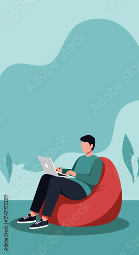 Man works remotely on laptop from a comfy bean bag Modern digital lifestyle and freelance concept