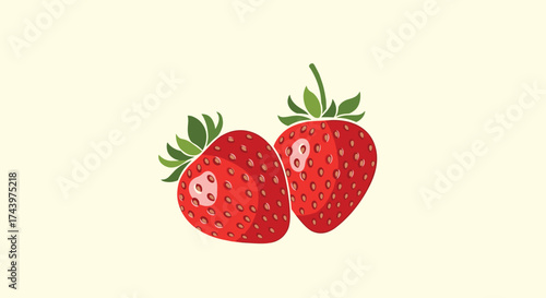 Two juicy red strawberries with green leaves on a light yellow background.