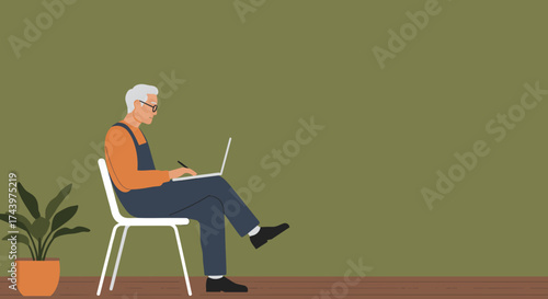 Elderly man works on laptop with stylus at home Remote work digital learning retirement lifestyle