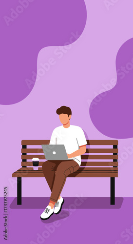 Young man working remotely on laptop with coffee on park bench modern lifestyle