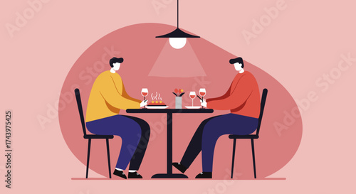 Two men enjoying a meal and wine at a restaurant Ideal for concepts of dining socializing and leisure