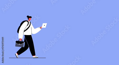 Mobile professional walking with laptop backpack and business bag Remote work concept