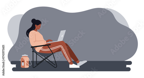 Woman working remotely on laptop in a relaxed outdoor setting Freelance flexible work lifestyle
