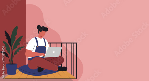 Person working remotely on laptop from a cozy home balcony highlighting modern lifestyle and flexibility