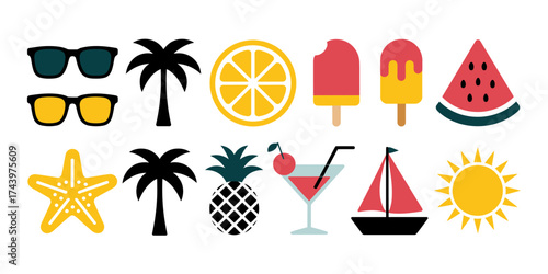 Vibrant Summer Icon Collection for Creative Designs and Seasonal Projects Featuring Sun Palm Trees and Refreshing Treats