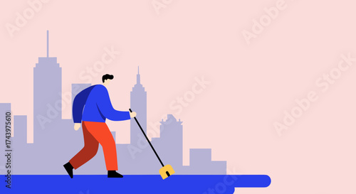 Man cleaning urban environment with city skyline Community service responsibility concept