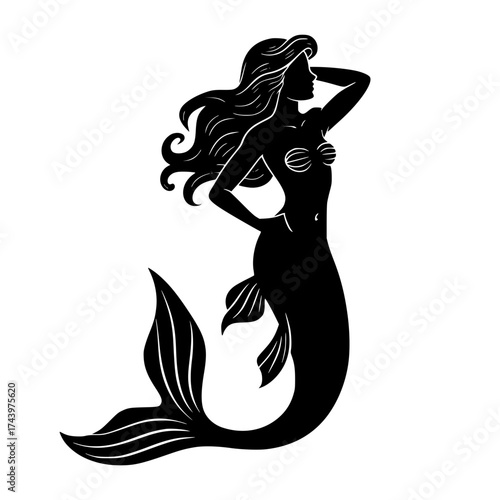 Enchanting mermaid silhouette with flowing hair, perfect for fantasy designs and nautical themes artwork
