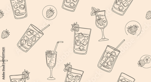 A playful pattern of hand drawn cocktails and refreshing drinks scattered across a light beige background.