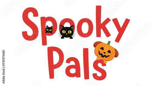 Spooky Pals' Celebration: A lively Halloween image featuring a friendly carved pumpkin and two cheerful black cats in vibrant colors and festive spirit. 