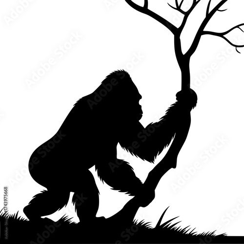 Powerful gorilla silhouette clinging to tree branch, wildlife conservation and strength concept art