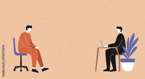 Two men illustration one waiting another working on a laptop Business interview or remote work