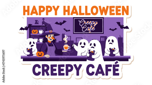 Creepy Cafe: A whimsical Halloween scene unfolds at the Creepy Cafe, where playful ghosts and a friendly witch barista share treats, bats dance overhead, perfect for seasonal events.