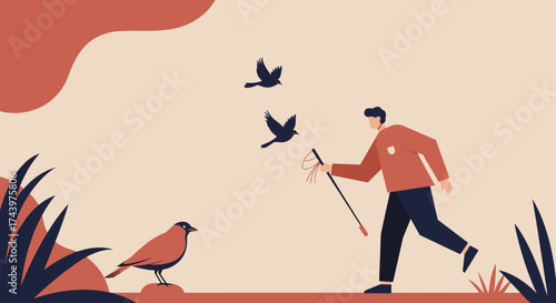 Person enjoying a peaceful walk with birds in a natural minimalist landscape Outdoor leisure