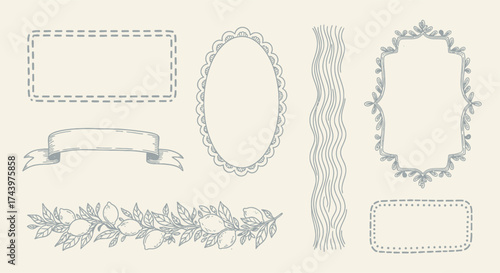Set of Hand-Drawn Decorative Elements: Frames, Banners, and Floral Borders