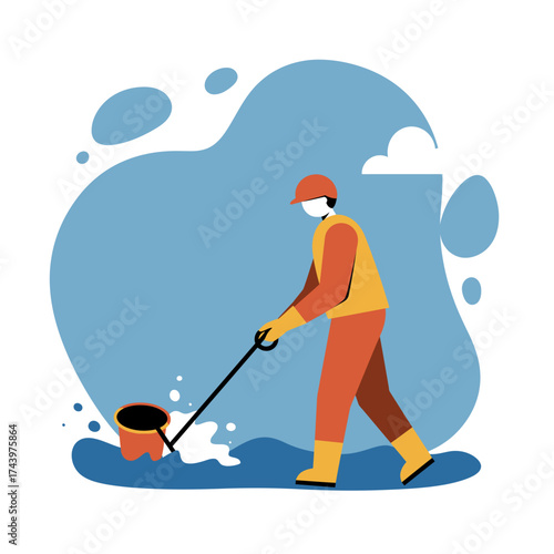 Worker in protective gear scooping water from a flooded area for cleanup or maintenance