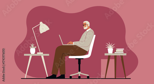 Senior man working remotely on laptop at home Business technology and lifestyle concept