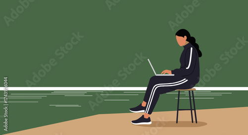 Woman in tracksuit using laptop on sports field blending work sport and modern lifestyle
