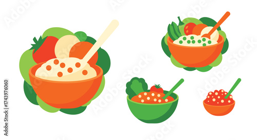 A selection of colorful healthy meals in bowls featuring grains and fresh vegetables.