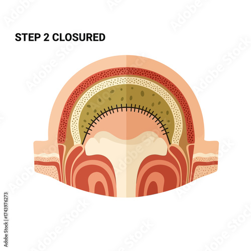 Step 2 Closure: Detailed medical illustration showing the closure process with sutures, providing a clear visual for medical education and training materials