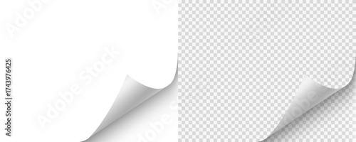 Blank page with curled edge corner and shadow, rolled up stickers, peel banners, bent sheet, page curl with shadow on blank sheet, curled page corner isolated on transparent and white background