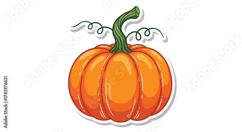 A vibrant orange pumpkin with a green stem and curling vines stands out against a white background, ready for fall festivities.