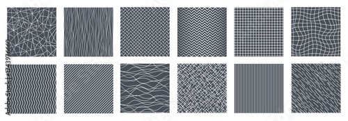 Line patterns set, decorative hatching backgrounds, drawn straight and curved lines, grid texture pattern