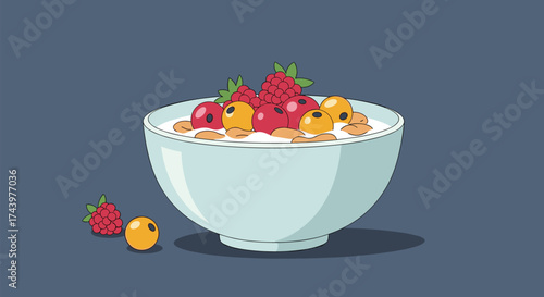 A vibrant pixel art depiction of a refreshing breakfast bowl brimming with fresh fruits and crunchy granola.