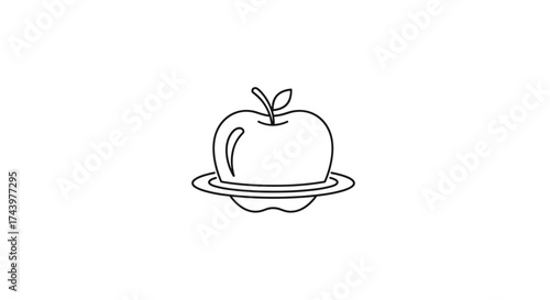 A simple line art drawing of a perfectly ripe apple sitting on a plate.