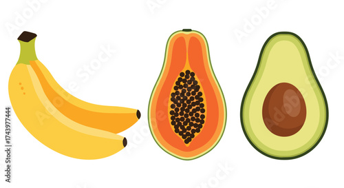 A vibrant assortment of fresh tropical fruits including bananas papaya and avocado.