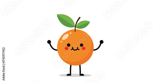 Cute happy orange fruit with leaves and arms raised in greeting.