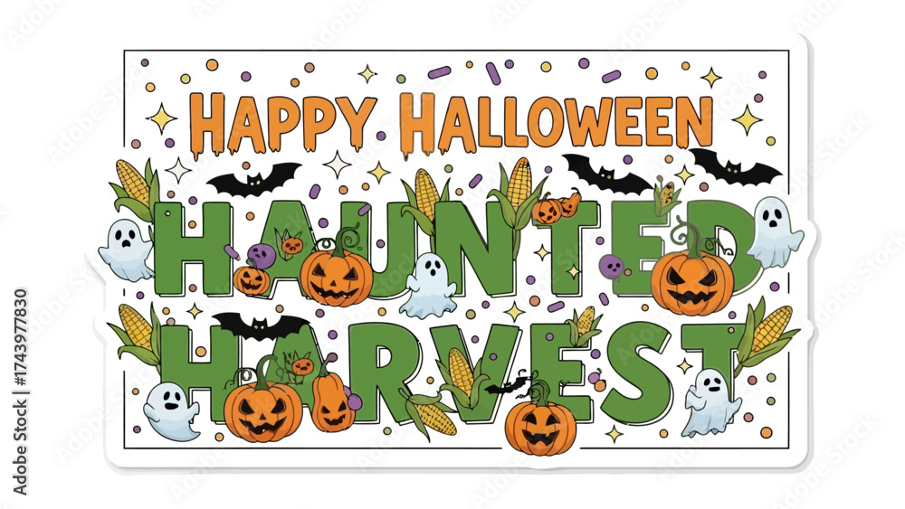 Fototapeta premium Spooky Celebration: A festive illustration that captures the eerie charm of Halloween, combining playful spooky elements and whimsical typography to evoke a sense of seasonal fun.