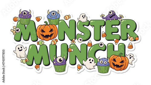 Monster Munch Delight: A whimsical and playful design featuring a spooky yet sweet arrangement of Halloween treats, including grinning pumpkins, adorable ghosts, and monster-themed cupcakes.