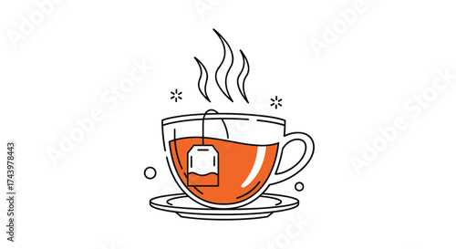 A delightful cup of warm steaming herbal tea with a tea bag and subtle sparkles on a saucer.