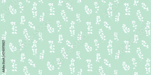 Seamless vector pattern with delicate white floral sprigs on soft mint green background. Minimal botanical design for fabric, wrapping paper, wallpaper, and decor