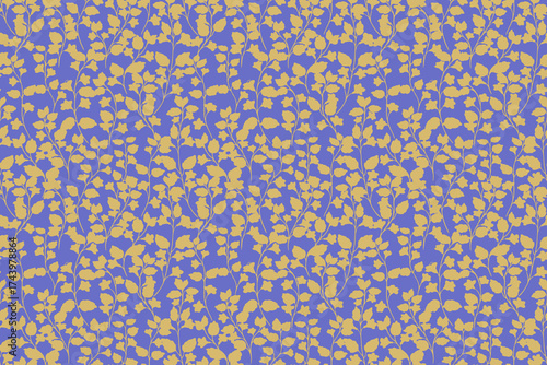 Seamless vector floral pattern with yellow botanical silhouettes of branches and leaves on a vivid violet background. Bold, stylish, and modern design for fabric, wallpaper, and wrapping