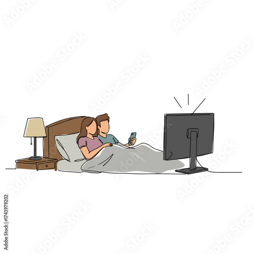 Couple relaxing in bed while watching TV and using smartphone  