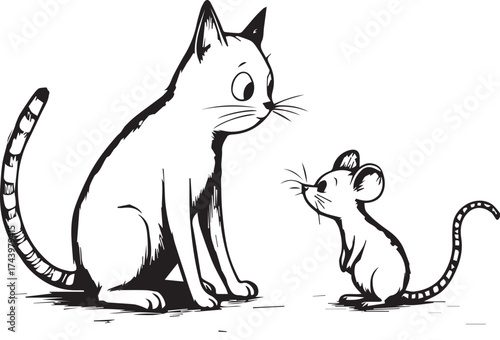Black and white illustration of cat and mouse facing each other in peaceful, expressive, and whimsical style