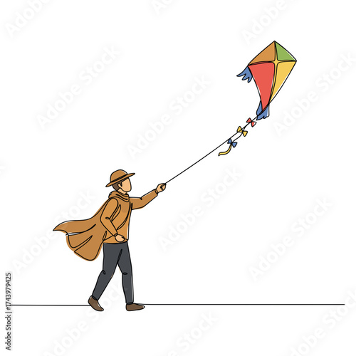 Man flying colorful kite outdoors in minimalist style  