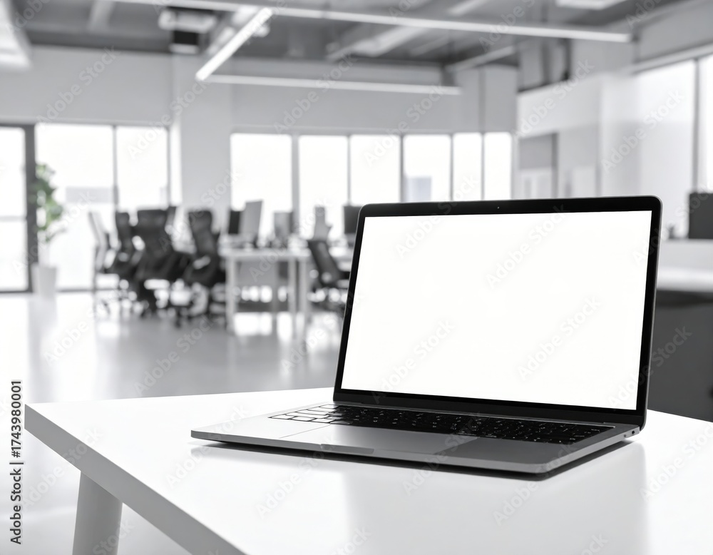 Fototapeta premium Laptop Computer Displayed On White Office Table With Blurred Background