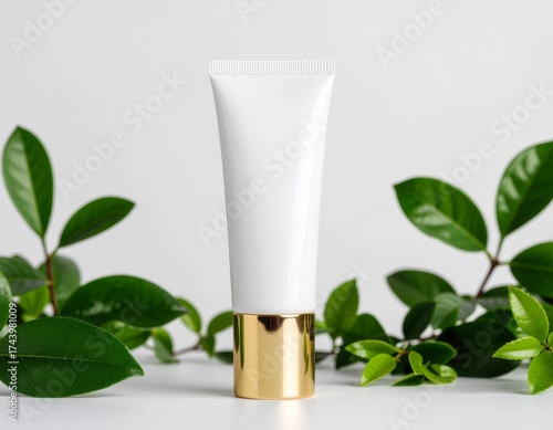 Wallpaper Mural Skincare mockup in the form of a cream tube with a gold cap, surrounded by small green leaves as an accent, a clean white background, soft lighting creates a natural and luxurious impression. Torontodigital.ca