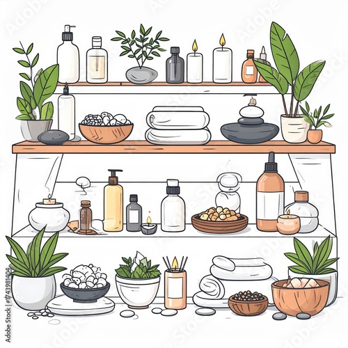 Spa Display with Assortment of Botanical Products and Decorative Elements on Shelves in Modern Style