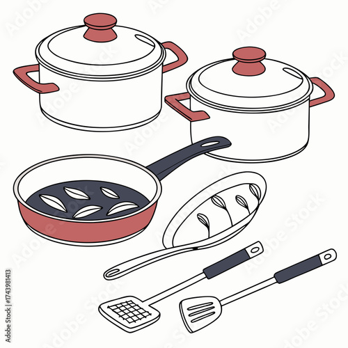 Collection of kitchen cookware including pots pans and spatulas for cooking and food preparation