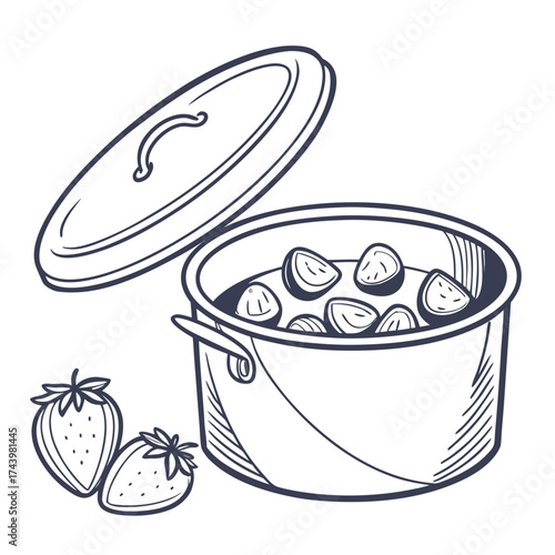 Hand drawn illustration of sliced strawberries cooking in a pot with the lid open next to whole strawberries