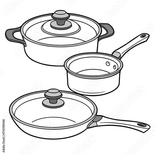 Set of cooking pots and pans with glass lids and handles isolated on white background line art illustration