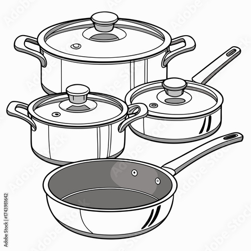 A collection of shiny stainless steel pots and pans with glass lids on a white background